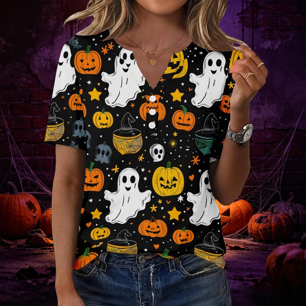 Womens Casual Halloween Print V Neck Short Sleeve Button Decor T Shirt Top Lightweight Comfortable Fit
