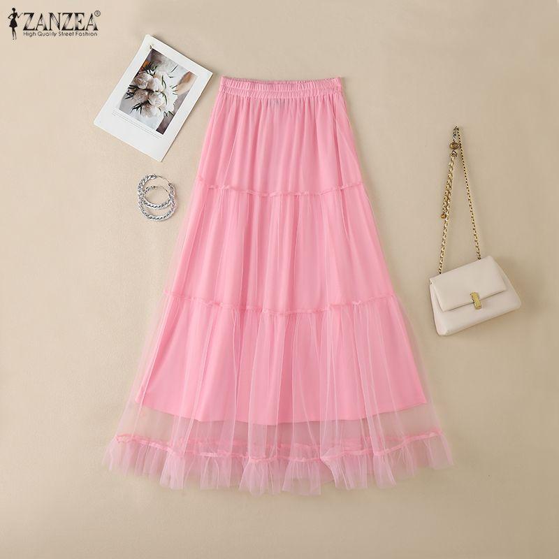 ZANZEA Gonna da Donna Casual a Vita Elastica Larga con Inserti in Rete e Tulle