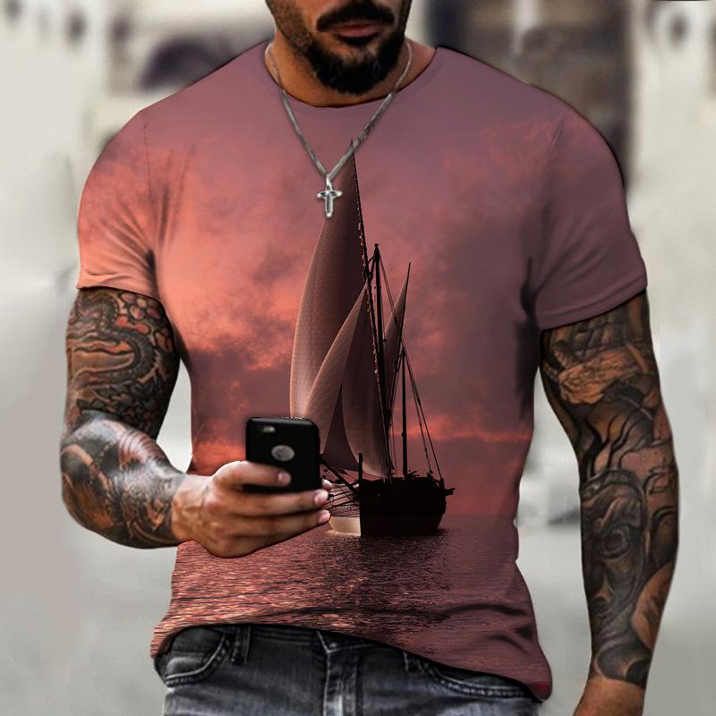 Vintage T-Shirts Men Spring Clothing Boat Graphic Apparel Streetwear Men's Clothing Casual Short Sleeve Tops For Male Shirt Tees
