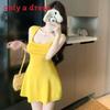 Sexy Yellow Square Neck Bodycon Dress With Hollow Out Details For Party Wear