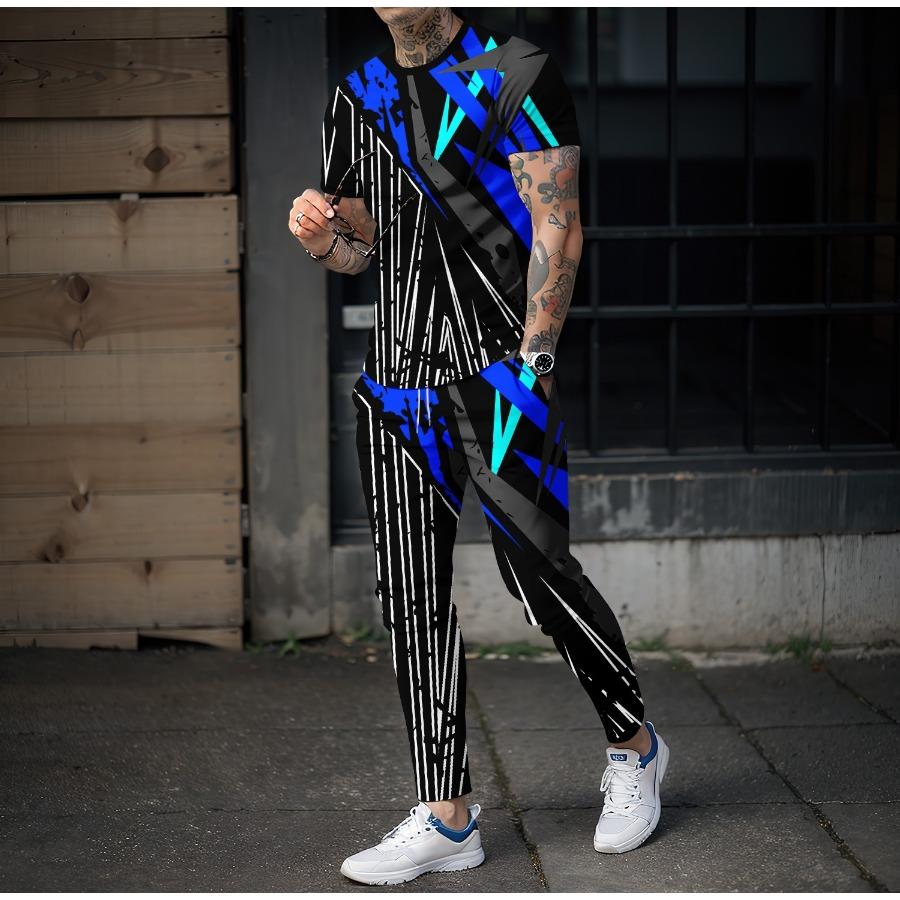 Color Graffiti Blending 3D Print Men Sportswear Set Short-Sleeved T Shirt Pants 2-Piece Set Oversized Pullover Men Clothing