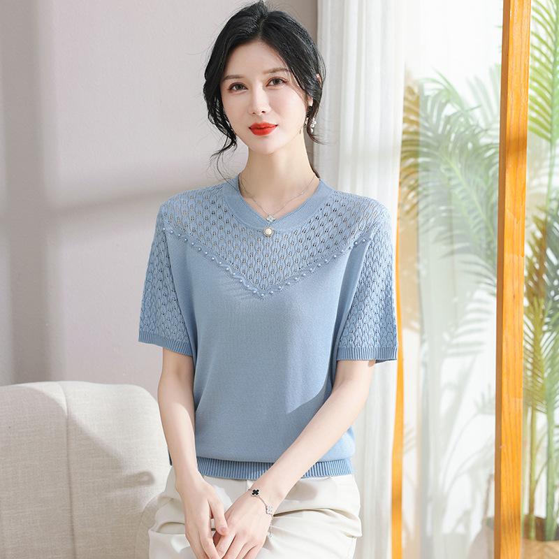

Mom s Summer 2026 Elegant Ice Silk Short-Sleeve Top for Middle-Aged & Elderly Women - Perfect for Mother s Day. 4XL (Recommended 135-150 lbs) синій