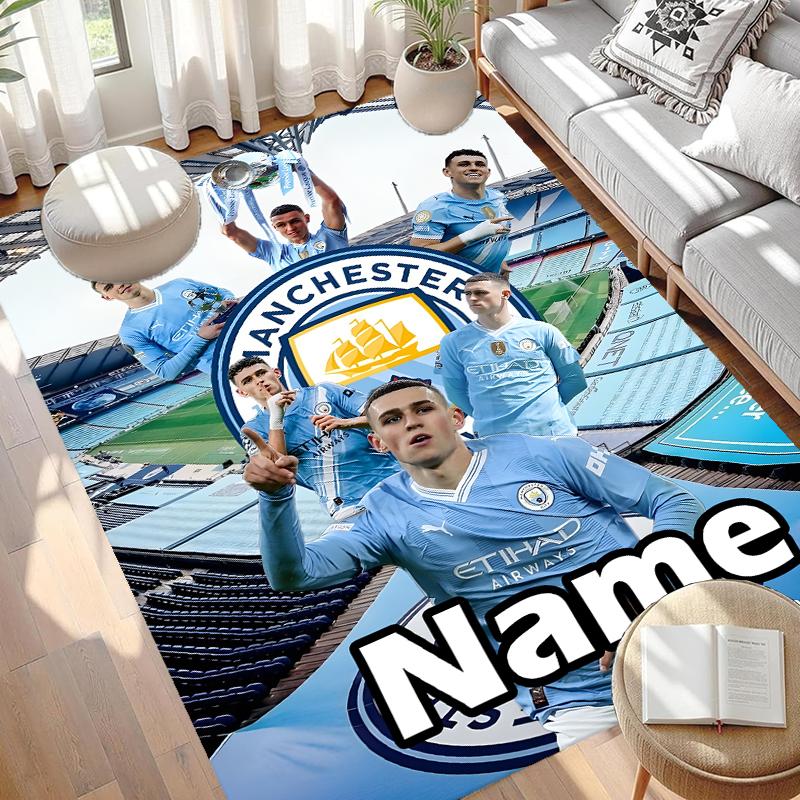 Custom Name Personalized Manchester City FC Print Carpet, Versatile Home Decor Rug, for Playroom, Apartment, Balcony, Entryway, Hallway Gift