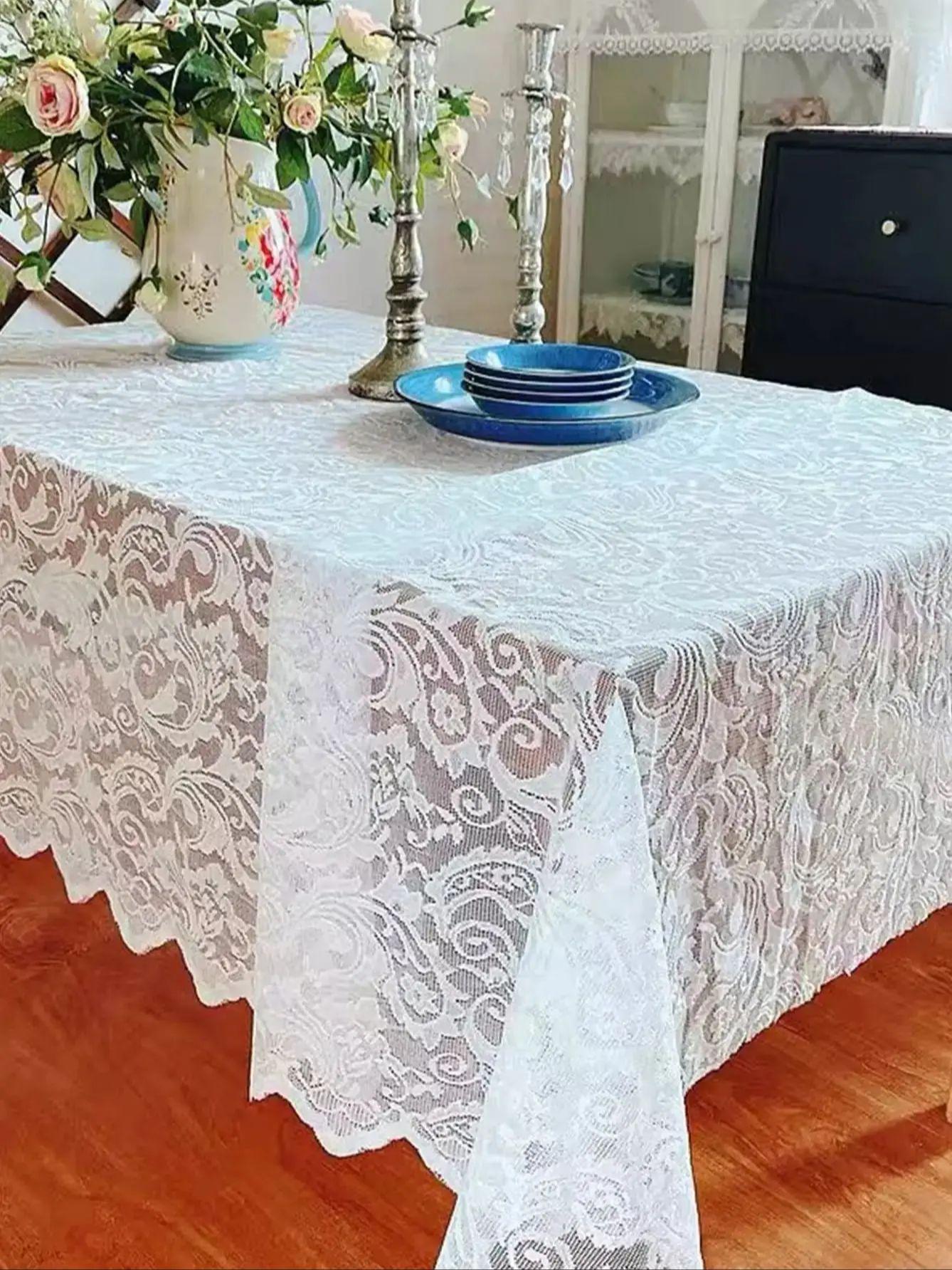 

White Lace Tablecloth for Rectangular Tables, Vintage Style Wedding Table Cloths for Reception, Baby Shower, Birthday Party 100x140cm белый