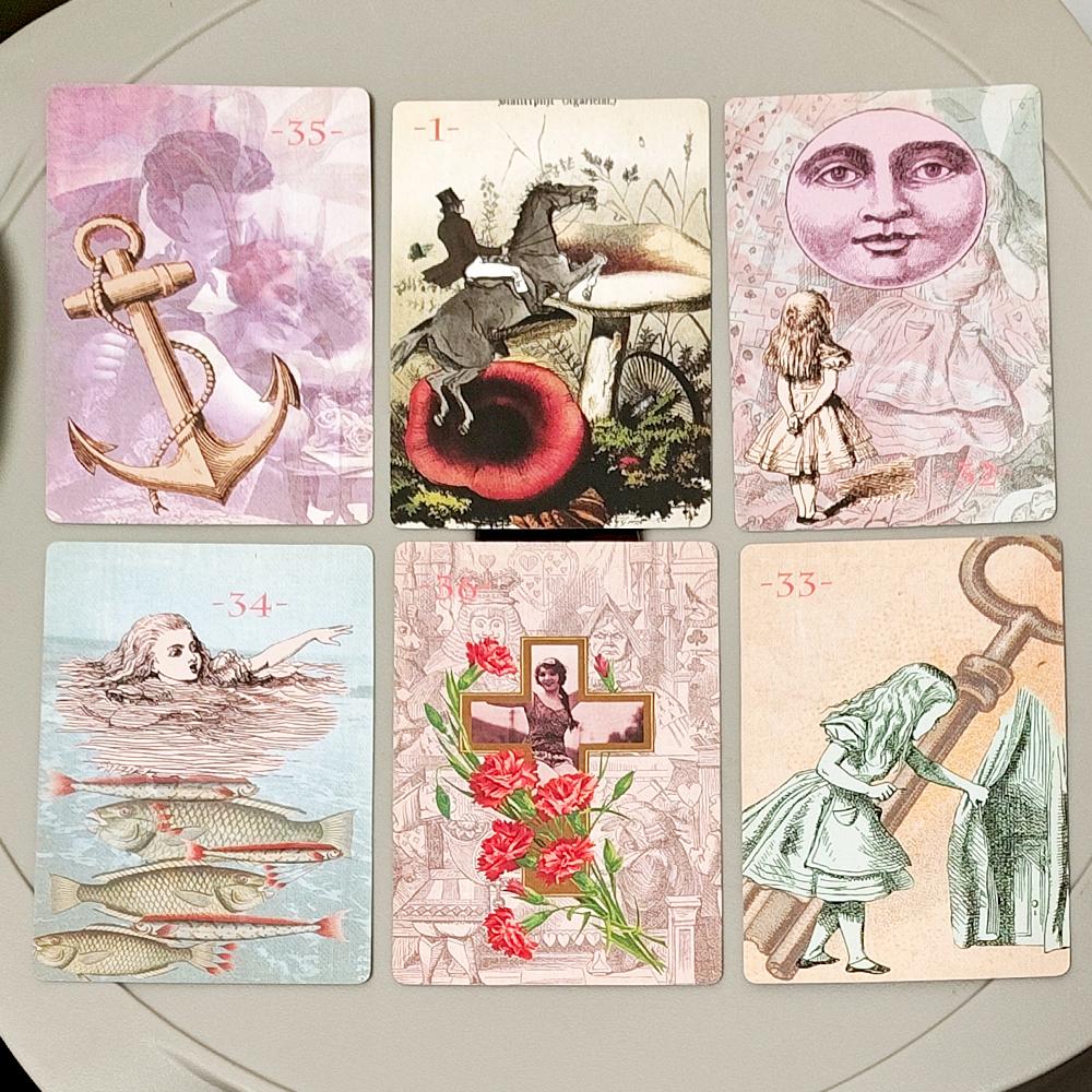Alice im Wunderland Vintage Petit Lenormand Deck 36 Karten - Viktorianische Collage Divination Doppelt geprägter Karton 9*6cm