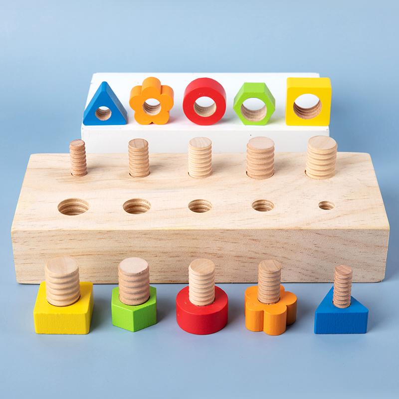 Wooden Screw Matching Puzzle Board - Fun Geometric Color Recognition Cognitive Toy With Mixed Color Blocks - Natural Wood Design