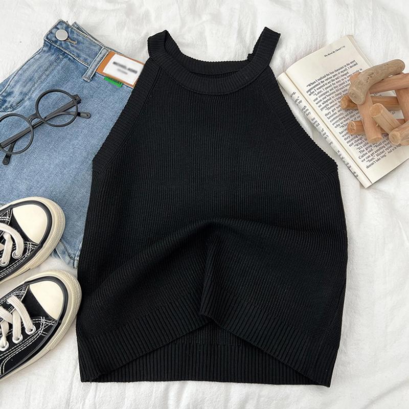 

Женские укороченные топы, вязаные топы на бретелях с открытыми плечами, женские эластичные однотонные элегантные топы с круглым вырезом One Size