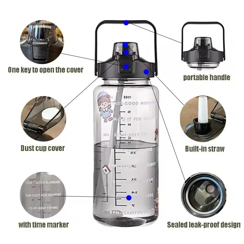 2 Liter Wasserflasche mit Strohhalm Zeitmarkierung Outdoor Reise Sport Trinkflasche für Kinder Mädchen Sommer Plastikbecher Kawaii Thermoskanne