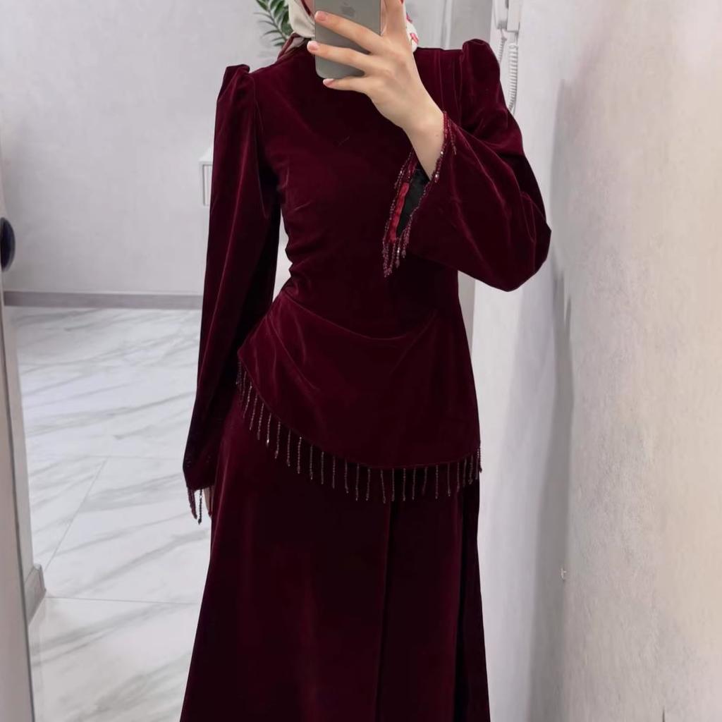 Cross-border Autumn Temperament Fringed Long-sleeved European and American Women's Clothing Amazon  Velvet French Celebrity Hip Skirt