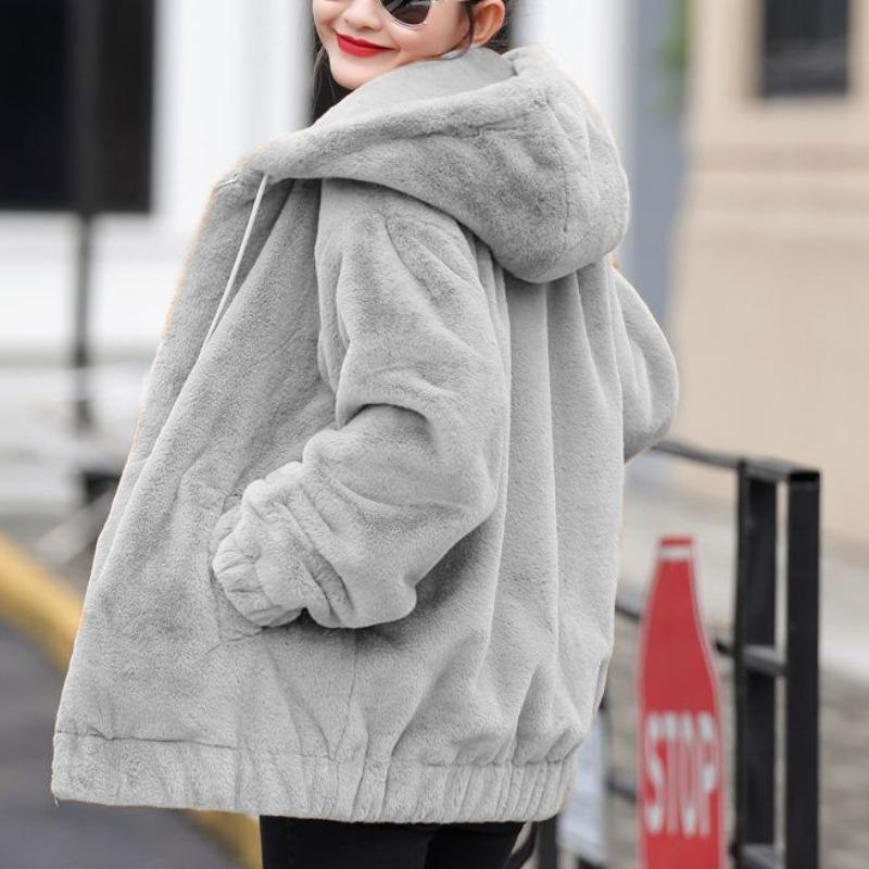 Fleece and thickened imitation rabbit fur hooded sweater jacket women's medium and long winter loose long sleeves