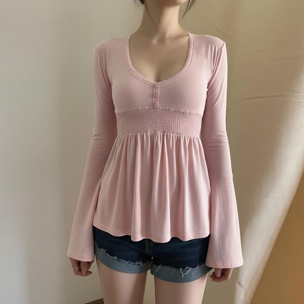 Donna Tinta Pizzo Decorazione Patchwork Bottoni Maniche Svasate Camicia Casual Scollo a V Top a Maglia Estetica Y2k Abbigliamento Autunnale Fairycore