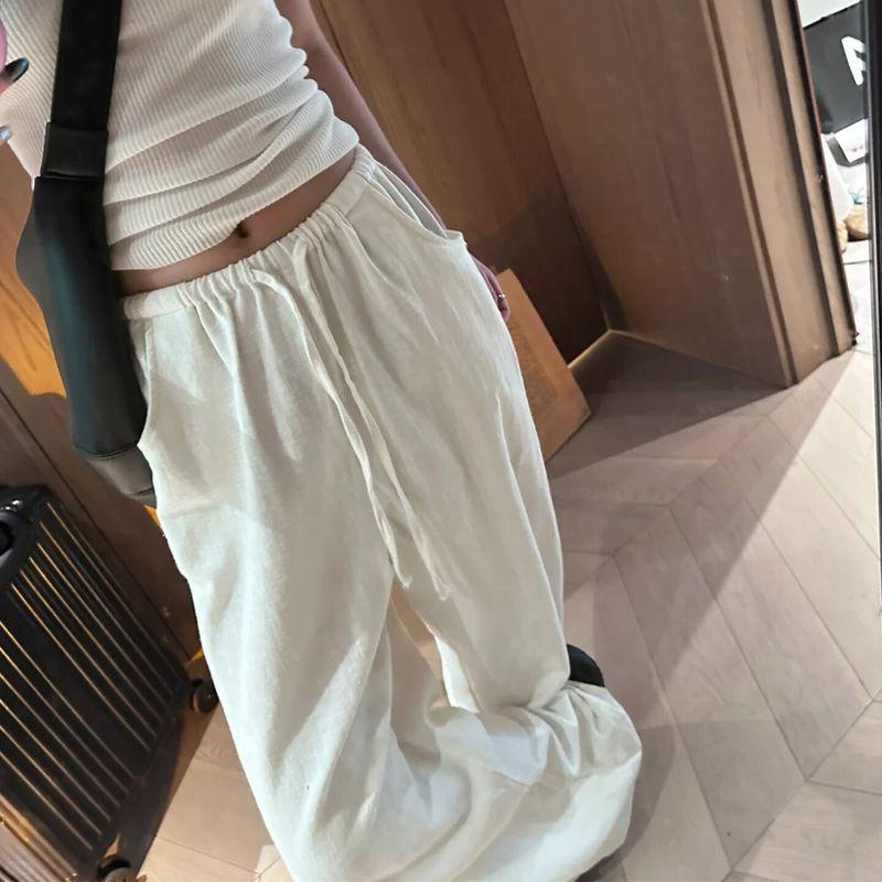 

White Cotton and Linen Loose Pants Women s Summer New Arrival Fat Sister mm Loose Slim Looking Pear Shapes Straight Casual Pants White-Regular M