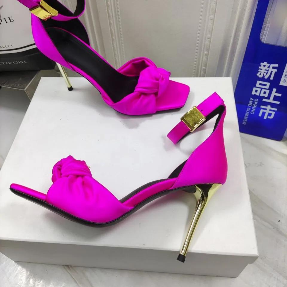 Fashion Satin Butterfly Knot Women Sandals Metal Thin Heel Sexy Square Toe High Heels Ankle Buckle Fashion Sandals Solid Color Shoe