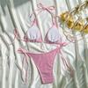 Yellow Halter String Triangle Micro Bikini Thong Solid Swimwears Bow Pearl Sexy Swimsuit Women Bathing Suit Bikinis Sets 2026