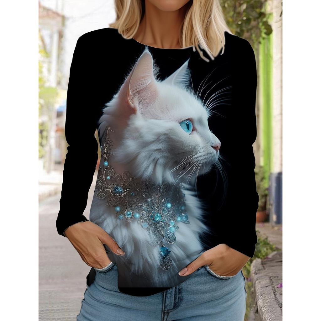 2025 Autumn and Winter Women's Long Sleeve 3D Printed Cute Cat T-Shirt, Streetwear, Round Neck Long Sleeve