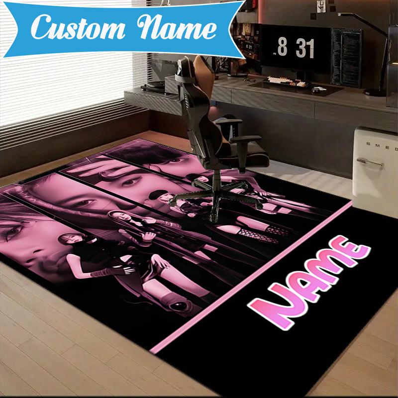 Custom Name Neon Kpop BP Rug for Living Room, Game Rooms, Office, Bedroom, Floor Mat Playful Design, fan gifts Christmas decor