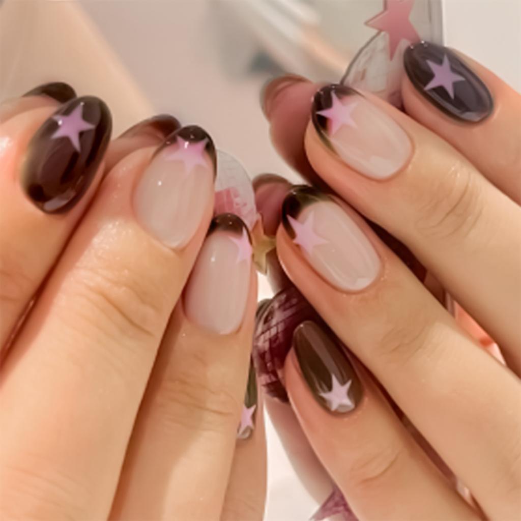 24Pcs Brown French Tip Short Oval Press On Nails Y2K Pink Star Pattern Full Cover Fake Nails For Women