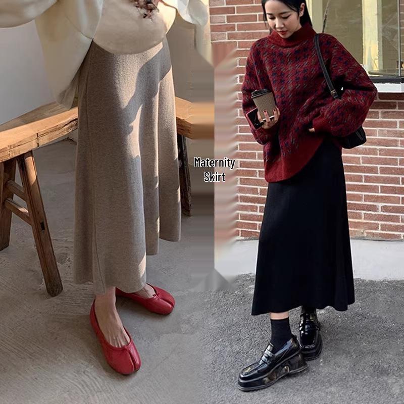 Maternity Knitted Faux Cashmere A-Line Midi Skirt - Winter High-Waisted Slimming Skirt XL