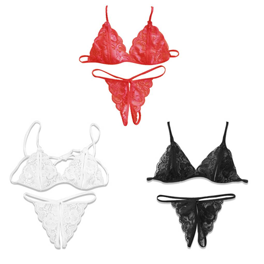 Women Lace Lingerie Sleepwear Bodydoll Hollow Out String Pants Briefs Pajamas Open Underwear