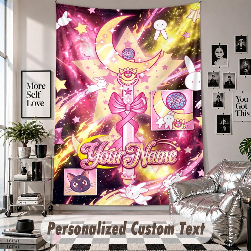 Wall Hanging Tapestry With Custom Name & Text, Sailor Moon Decorative Tapestry For Bedroom