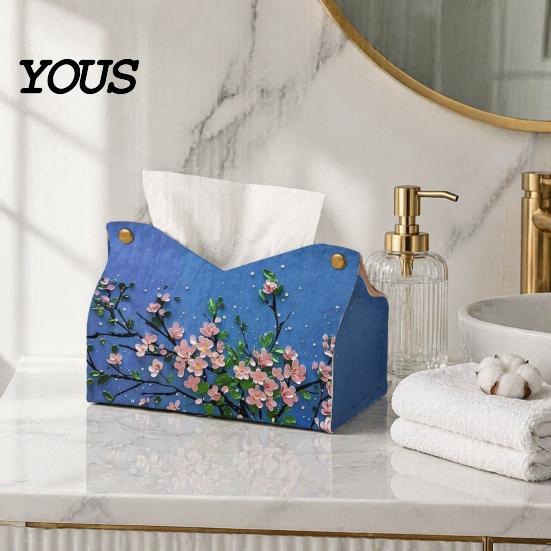 Foldable Paper Organizer Leather Tissue Box Cover with Flowers Pattern, Desktop Organizer, Napkin Holder Case, Portable Dispenser Facial Dispenser,