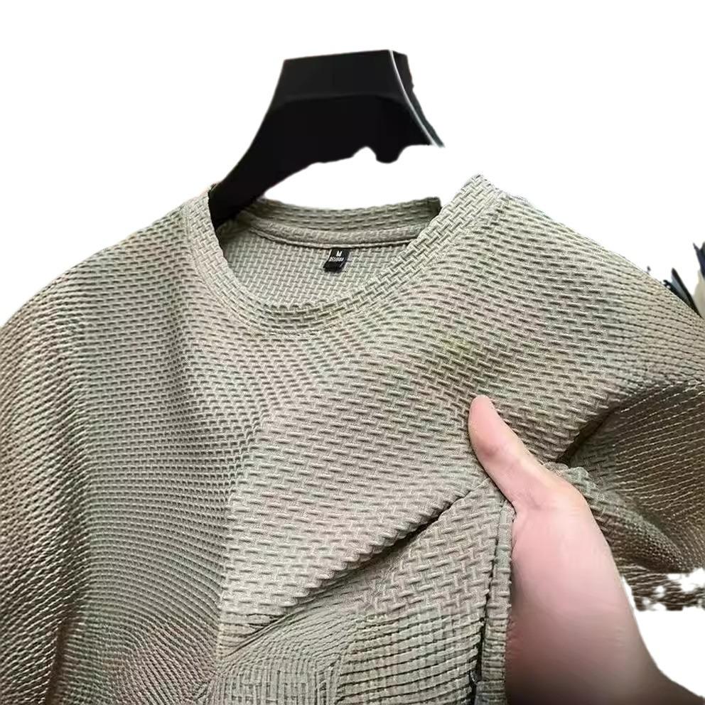 Camiseta de Verano para Hombre de Seda de Hielo de Secado Rápido con Plisados y Estampado Oscuro