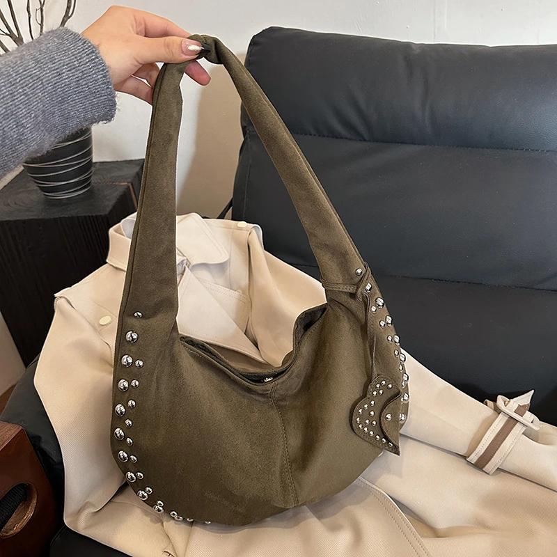 Suede Retro Rivets Design Shoulder Bag for Women 2024 Winter Trend New Y2K Fashion Design Handbags Females Tote Bags