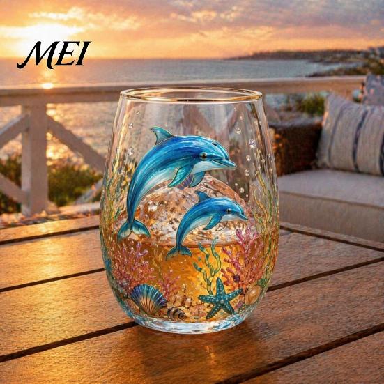 Blei Freies Glas Becher Meeres-Themen Becher, Quallen/Delfine/Meeresschildkröten/Oktopus Handbemalt, Verdicktes Trinkglas Langlebig Hitzebeständig für Büro Wasser