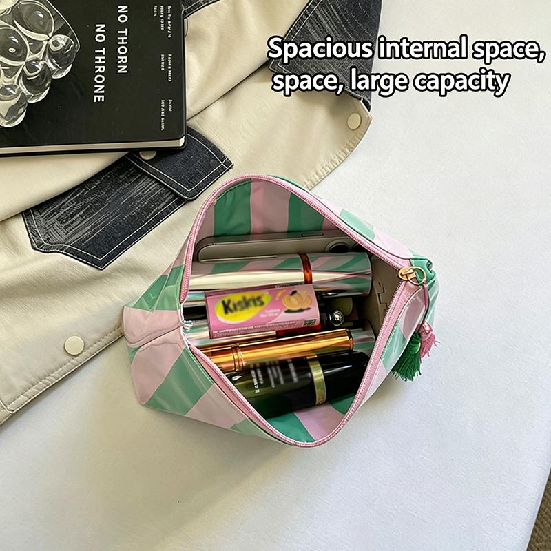 Striped Pvc Makeup Bag Waterproof Washable Zipper Cosmetic Pouch With Tassel Portable Travel Storage Hand Bag For Women Gift