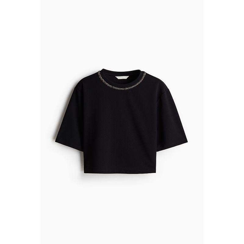 

HM Женская одежда Летняя Короткая футболка 1264098 Black/Beaded 155/76(XXS)