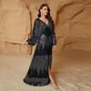 Sizzling European & American Chiffon V-Neck Sequin Evening Gown with Slit & Waist-Cinching Long Sleeves