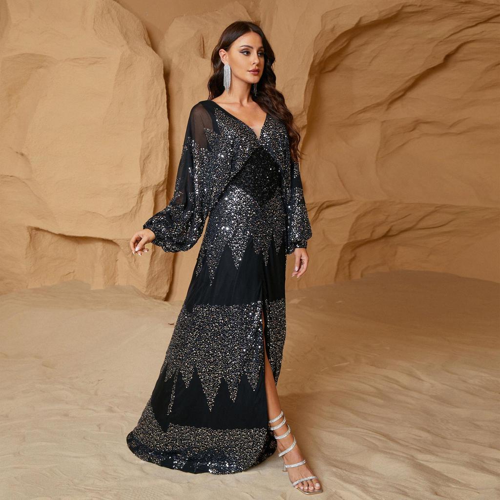 Sizzling European & American Chiffon V-Neck Sequin Evening Gown with Slit & Waist-Cinching Long Sleeves