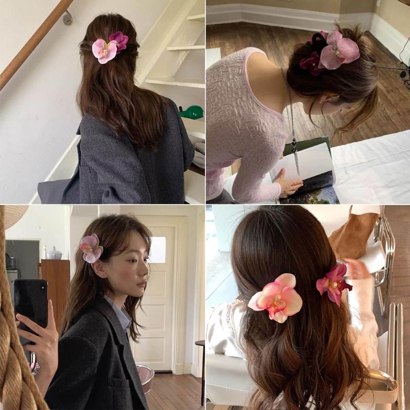 Set of 2 French Floral Hair Grip Pink Orchids Flower Hairpin Stylish Hair Grips for Girl Sweet Side Barrettes Jewelry