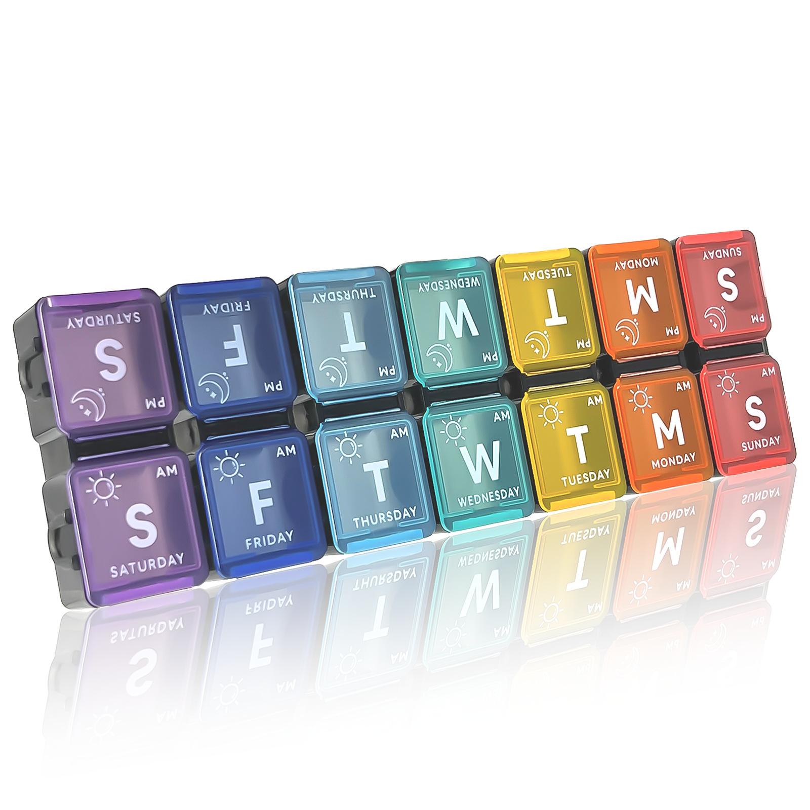 

Портативная двухрядная таблетница на 14 ячеек, 7-дневное разделение — органайзер для лекарств большого объема, открывающаяся крышка, утреннее и вечернее дозирование