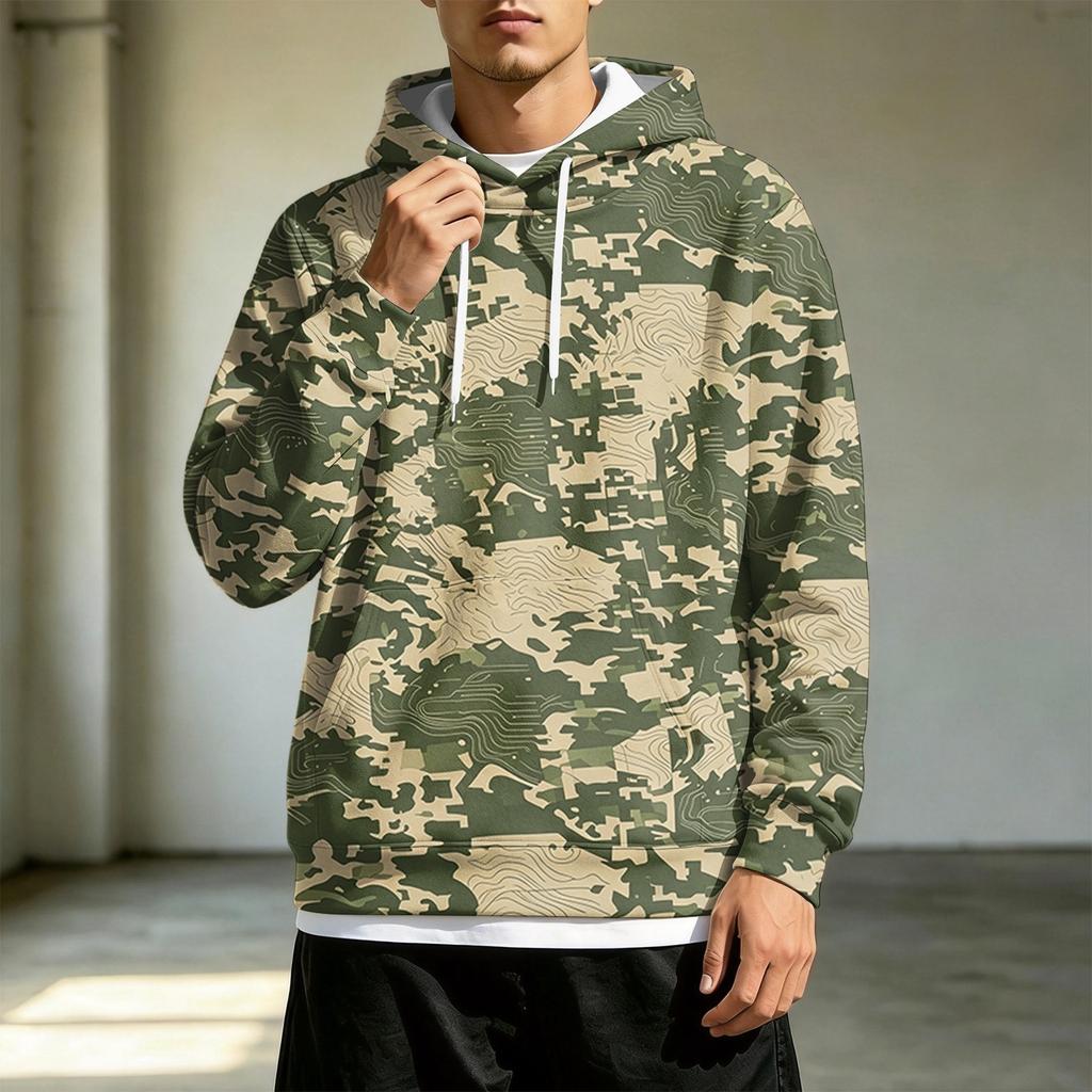 Men's Loose Fit Casual Hoodie with Pocket, Drawstring and Printed Pattern