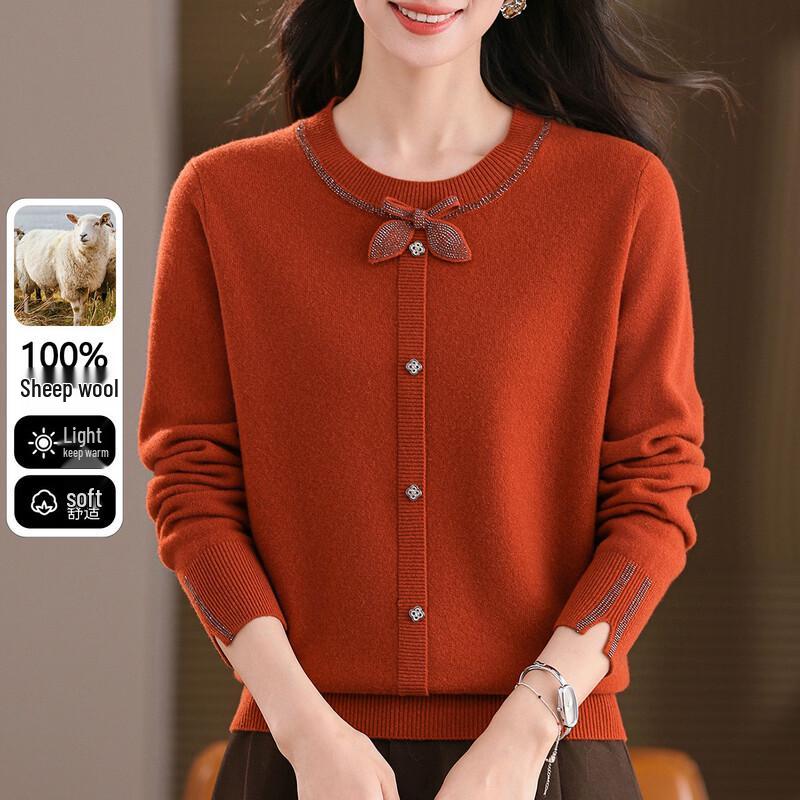 SNOWFLYING Women s 100% Lambswool Round Neck Sweater with Bowknot Design L