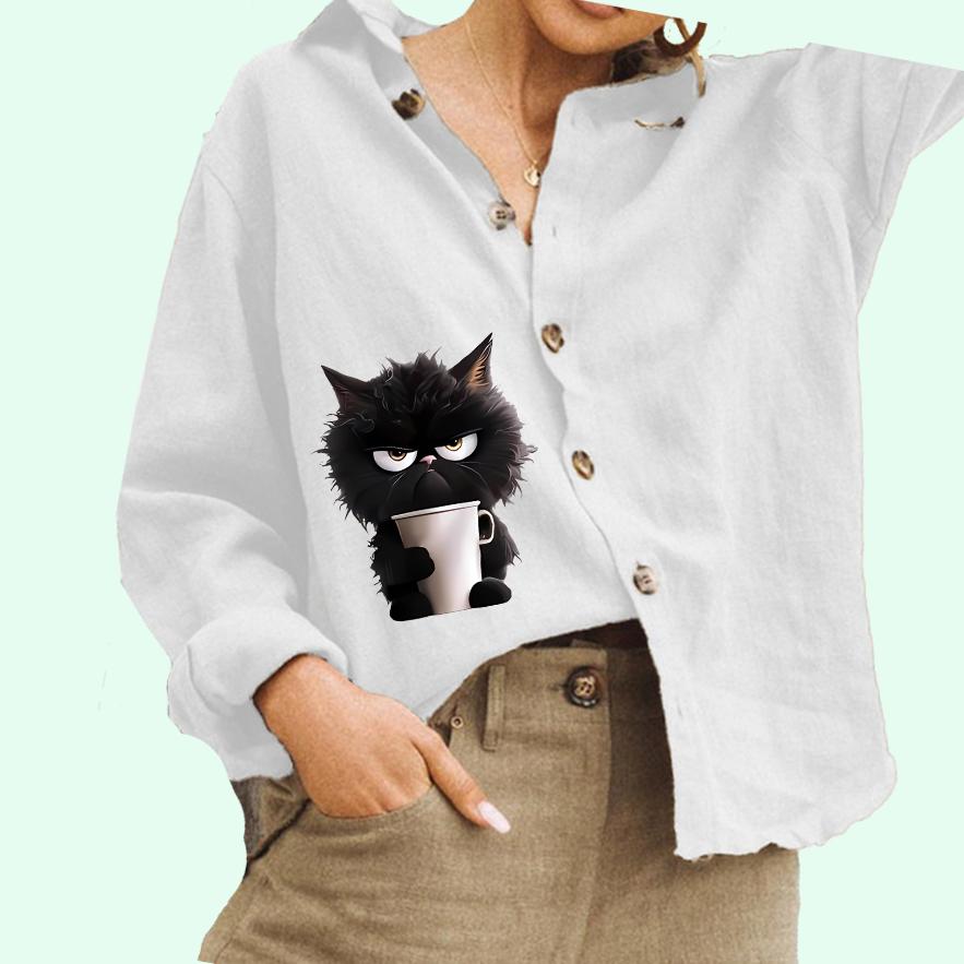 

Женская мода с принтом кота, повседневная рубашка из хлопка и льна, женская блузка на пуговицах 3XL белый