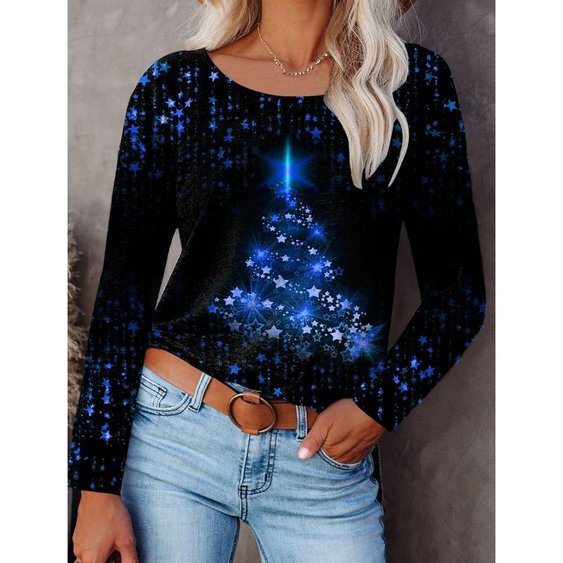 2023 Fashion Women's Pullover Christmas Blue Star Graphic Casual Sports O-Neck Long Sleeve Tops Micro-Elastic Fall & Winter