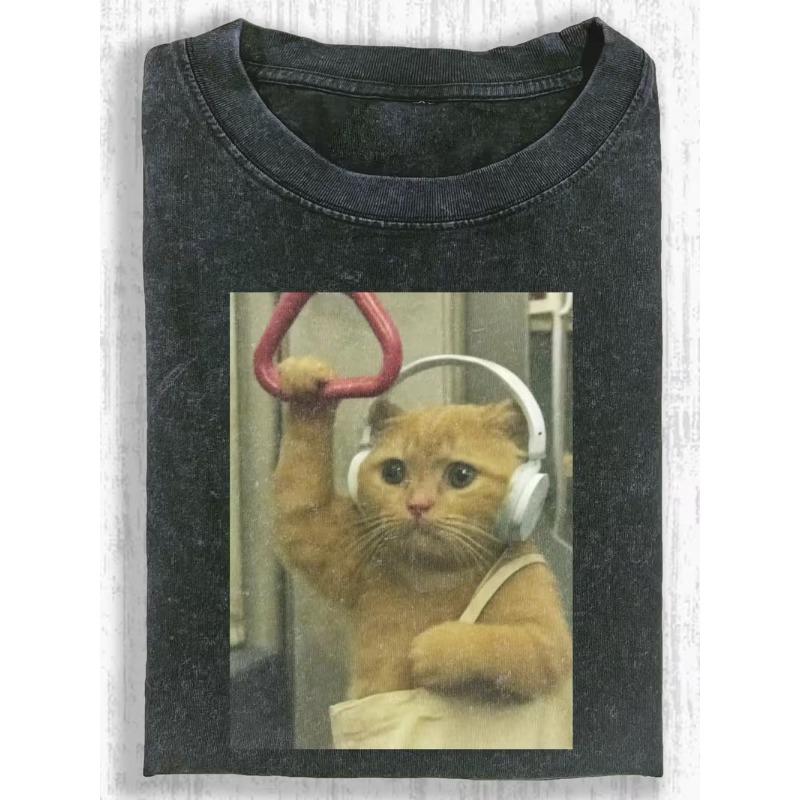 Funny Orange Cat Subway Headphones Meme TShirt Vintage Distressed Cute Kitten Commute Novelty Tee Casual Short Sleeve Tops