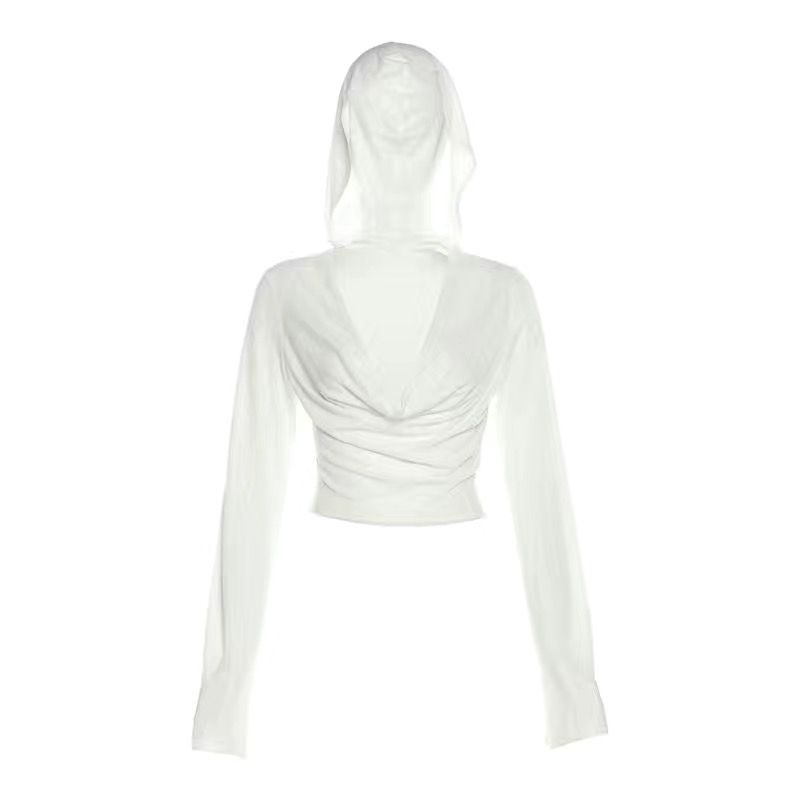 

European and American Minimal Art Sexy White Swing Collar Hooded Long Sleeves T-shirt Thin Women s Slim Looking High Waist Crop Top Sexy Tops Summer White L
