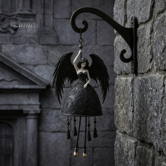 Gothic Wind Chime Dark Angel Chime, Winged Black Memorial Hanging Windbell for Outdoor Garden Porch Patio Decor Elegant Accessory