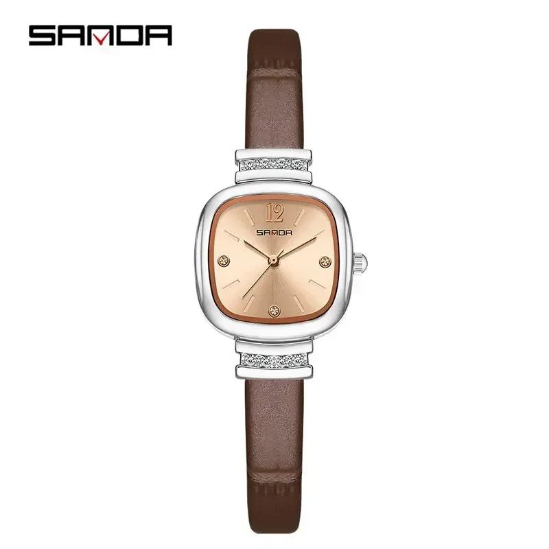 Sanda 7052 Fashion Square Diamond Watches For Women High Quality Waterproof Leather Quartz Watch Luxury Elegant Ladies Watches