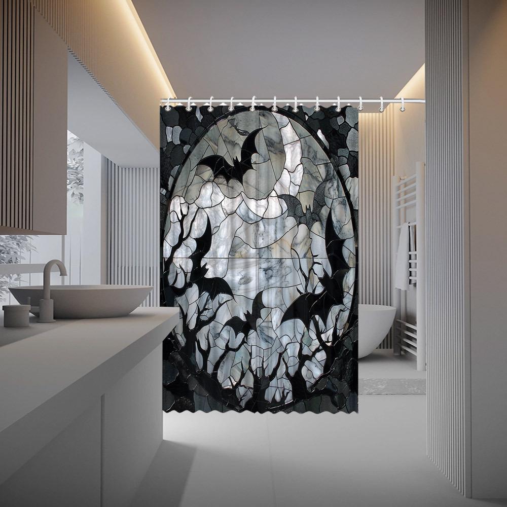 Gothic Moonlit Night Shower Curtain With Bats And Clouds Design, Black Polyester Fabric, 12 Hooks, Cracked Border Mosaic Pattern