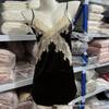 Women's 7018 Satin Pajama Set: Sexy Deep V Lace Patchwork Nightgown with Tie-Up Robe
