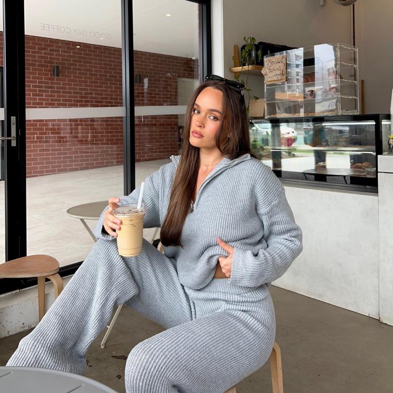 Mode Damen Strickhosenanzug Lässig Umlegekragen Halber Reißverschluss Lange Ärmel Locker Zweiteiliges Set Dame Herbst Winter Lässig Indoor-Sets
