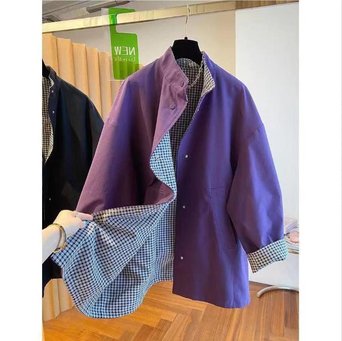 

Loose Cotton Leather Patchwork Lapel Collar Design Jackets for Women Fashion Plaid Long-sleeved Spring Coats 4XL фіолетовий
