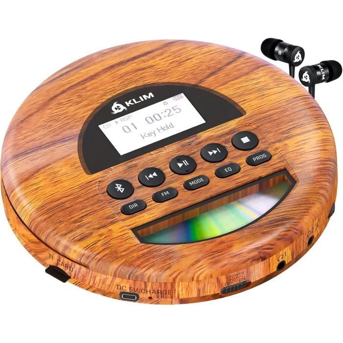 KLIM Nomad Wood - Lecteur CD Portable avec Écouteurs KLIM Fusion - Batterie Rechargeable Haute Qualité - Bluetooth + Lecteur de C