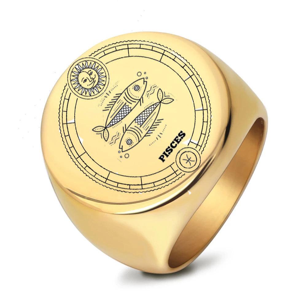 22mm Round Stainless Steel Zodiac Sign Men Ring Retro Fashion Index Finger Ring for Men