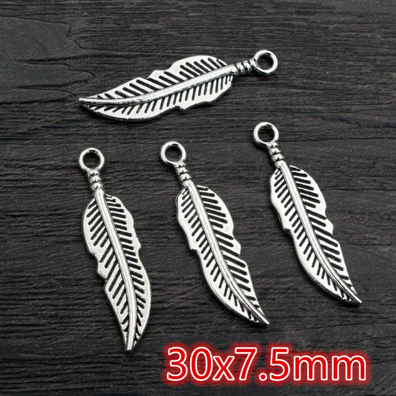 30pcs 28x8mm Feather Charms Pendant Bronze Antique Silver Plated DIY Jewelry Making Accessories Findings for Necklace Bracelet