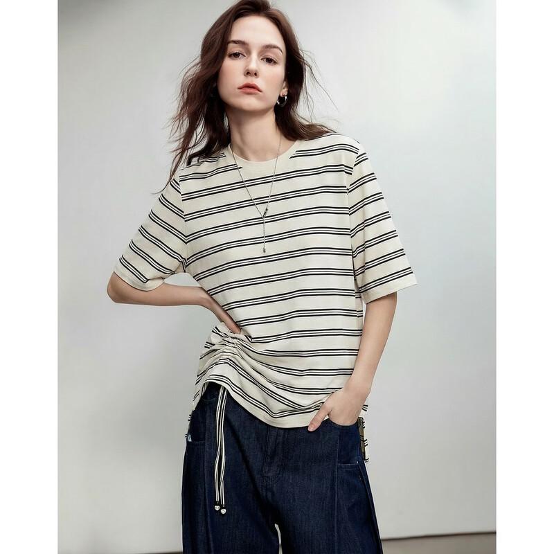 Demana Cloud Cotton-Spandex Striped Crew Neck T-Shirt L